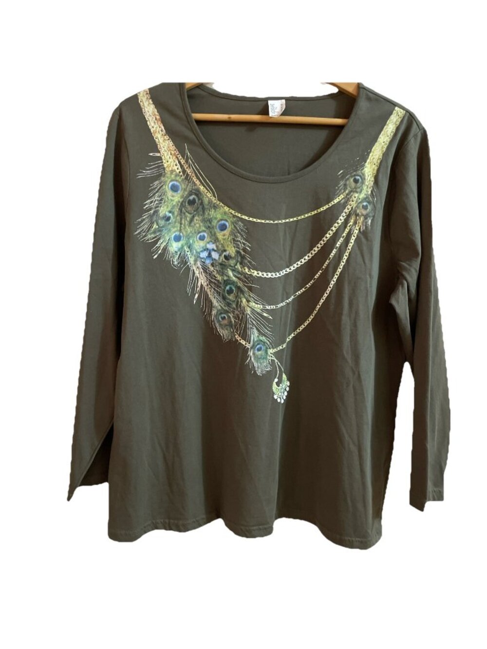 Venus Women's Peacock T Shirt Top Size 16 Olive Green 100% Cotton Graphic Print